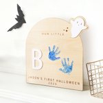 Personligt fotavtryck eller handavtryck Träkonstskylt med text Fladdermus Ghost Pumpa Barn DIY Craft Första Halloween-present till baby Nya föräldrar