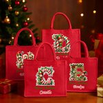 Personalised Merry Christmas Cute Elf Large Red Jute Tote Bag with Name and Initial Christmas Festival Party Gift for Kids