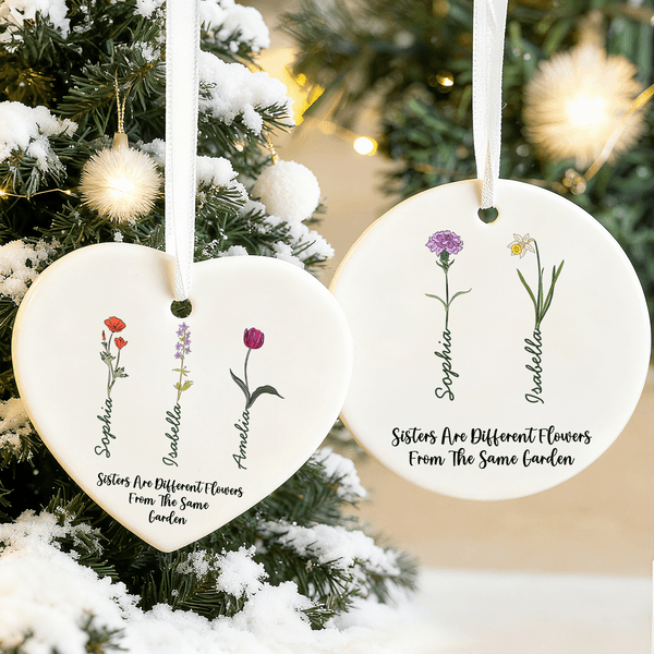 Personalized Birth Flower Heart Round Ceramic Ornament with Name Tree Decor Christmas Gift for Family Sister