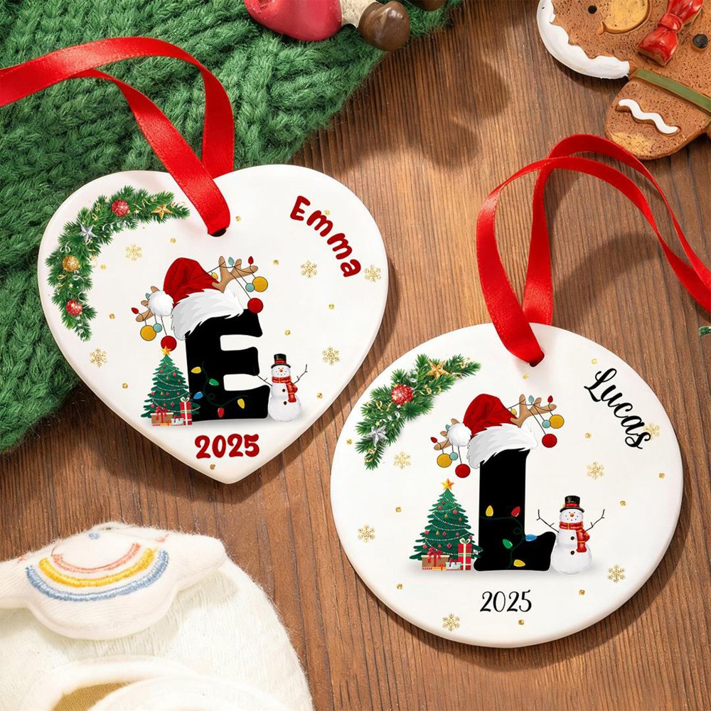 Personalized Santa Hat Initial Snowman Ceramic Ornament with Name and Year Tree Decor Christmas Gift for Family Kids 3