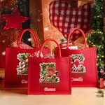 Personalised Merry Christmas Cute Elf Large Red Jute Tote Bag with Name and Initial Christmas Festival Party Gift for Kids