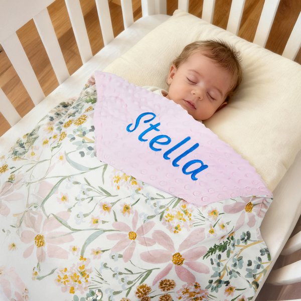 Personalised Daisy Floral Baby Blanket with Embroidery Name and Dotted Backing Birthday Baby Shower Gift for Newborns Boys Girls