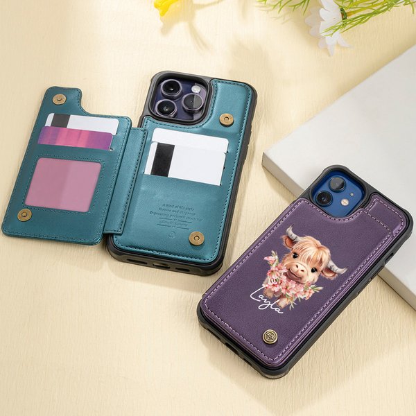 Personalized Birth Flower Highland Cow PU Leather Flip Wallet Phone Case for iPhone with Name RFID Blocking Card Holder Birthday Gift for Women