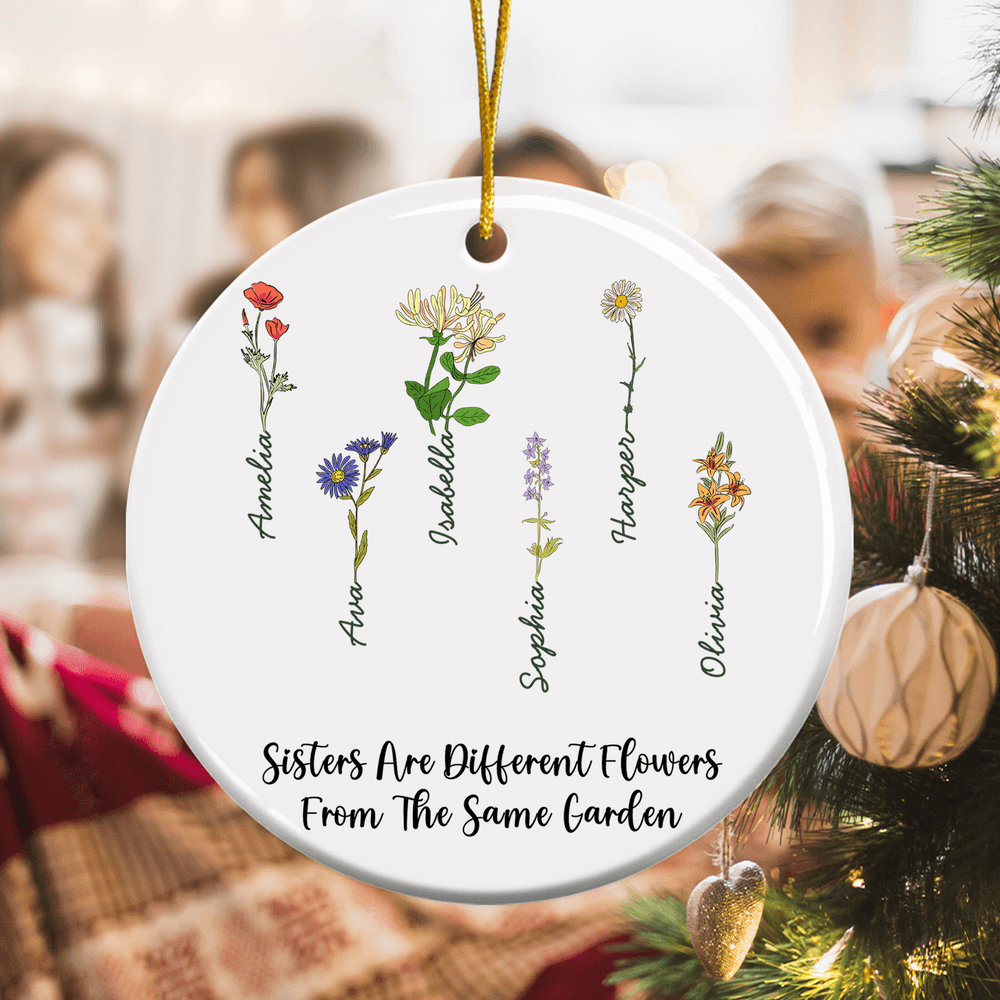 Personalised Birth Flower Heart Round Ceramic Ornament with Name Tree Decor Christmas Gift for Family Sister 6