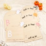 Personligt fotavtryck eller handavtryck Träkonstskylt med text Fladdermus Ghost Pumpa Barn DIY Craft Första Halloween-present till baby Nya föräldrar