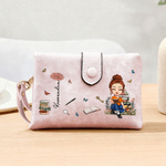 Personalised Cartoon Reading Woman Character Birth Flower Tri-Fold Wristlet Wallet with Card Holder and Name Birthday Gift for Family Bookworms