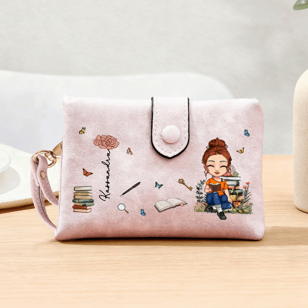 Personalised Cartoon Reading Woman Character Birth Flower Tri-Fold Wristlet Wallet with Card Holder and Name Birthday Gift for Family Bookworms