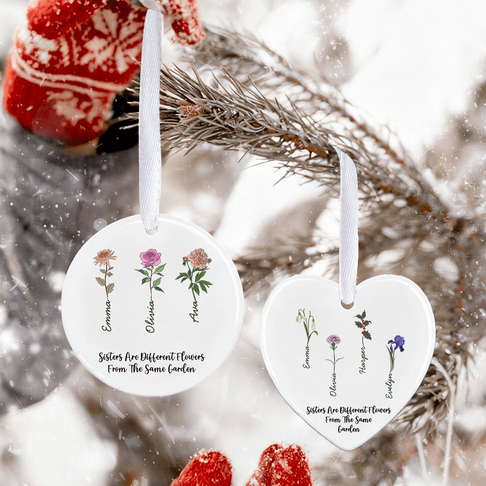 Personalised Birth Flower Heart Round Ceramic Ornament with Name Tree Decor Christmas Gift for Family Sister 2