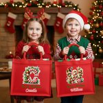 Personalised Merry Christmas Cute Elf Large Red Jute Tote Bag with Name and Initial Christmas Festival Party Gift for Kids