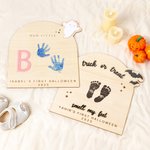 Personligt fotavtryck eller handavtryck Träkonstskylt med text Fladdermus Ghost Pumpa Barn DIY Craft Första Halloween-present till baby Nya föräldrar
