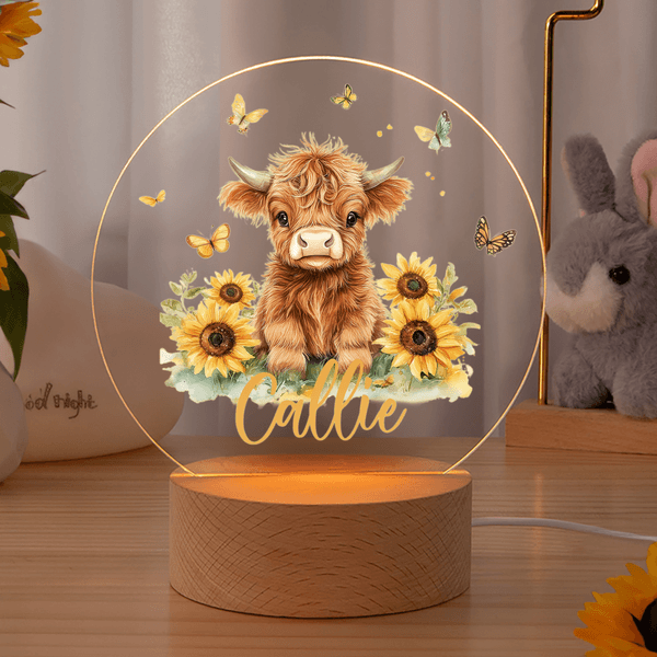 Personalised Highland Cow Sunflower Butterfly Acrylic LED Night Light with Name and Wooden Base Room Decor Christmas Birthday  Gift for Kids