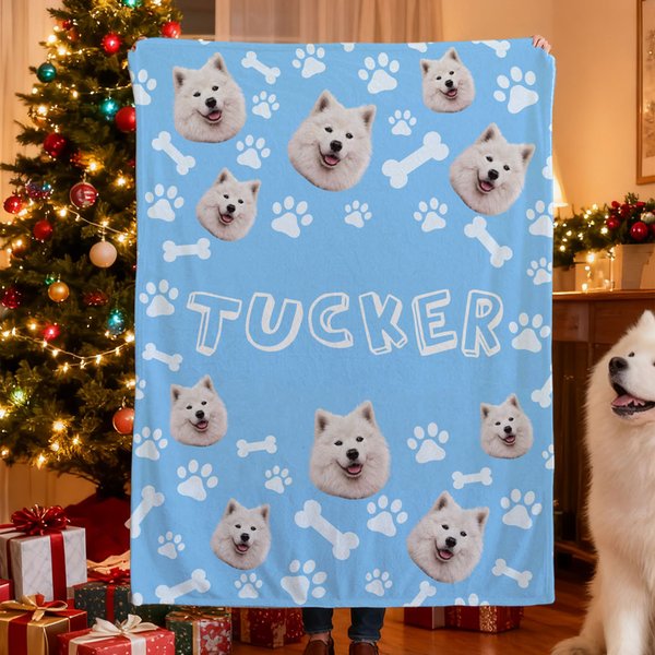 Coperta personalizzata per cani e gatti con foto, zampa di pesce, ossa, multicolore, con nome, decorazione per la casa, regalo di Natale per gli amanti degli animali.