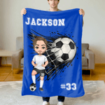 Couverture douce multicolore personnalisée avec personnage cartoon numéro et nom - Cadeau anniversaire pour amateur de football