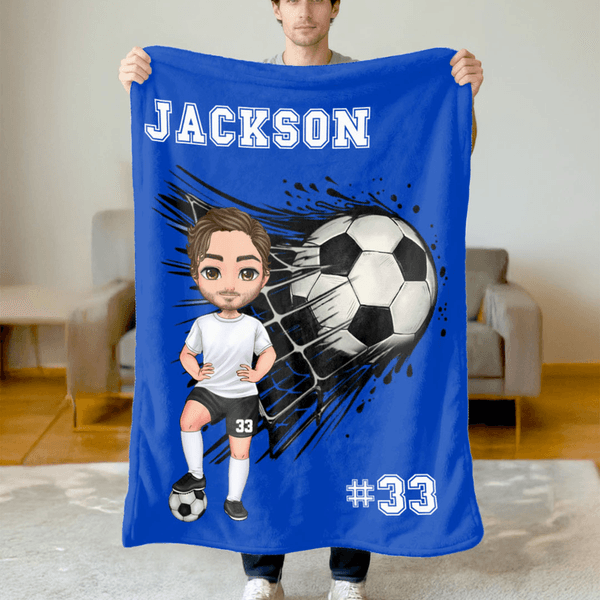 Personlig tecknad karaktär fotboll flerfärgad mjuk pläd med namn och nummer heminredning lag födelsedagspresent för fotbollsfans älskare