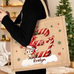 Personalisierte niedliche Santa Hut Tier anfängliche große Jute Tote Tasche mit Namen Heiligabend Party Geschenk für Mädchen Jungen Kinder