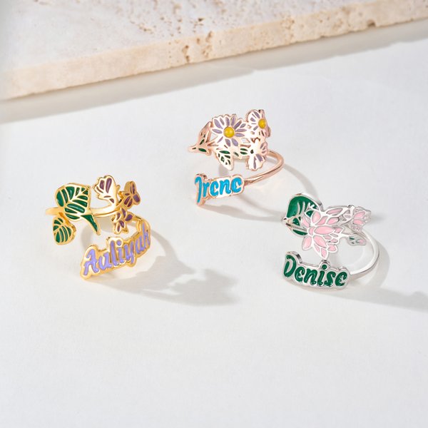 Personalizada Flor de Nacimiento Anillo Ajustable Dainty Joyería con Nombre Navidad Cumpleaños Aniversario Regalo para Mujeres Esposa