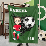 Couverture douce multicolore personnalisée avec personnage cartoon numéro et nom - Cadeau anniversaire pour amateur de football
