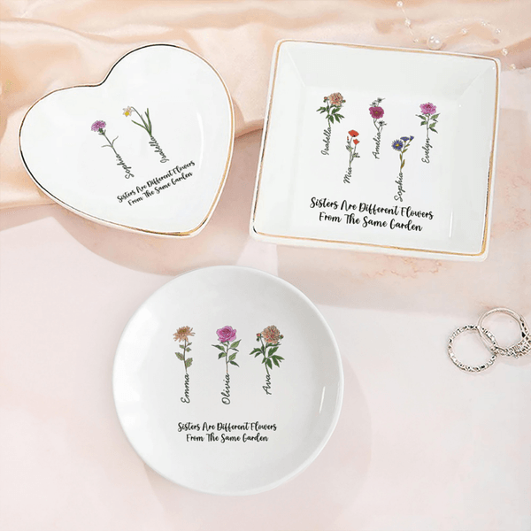 Piatto portagioie personalizzato in stile vintage 1-6 fiori di nascita con nome Regalo di compleanno e anniversario per sorella e fidanzata
