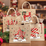 Personalisierte niedliche Santa Hut Tier anfängliche große Jute Tote Tasche mit Namen Heiligabend Party Geschenk für Mädchen Jungen Kinder