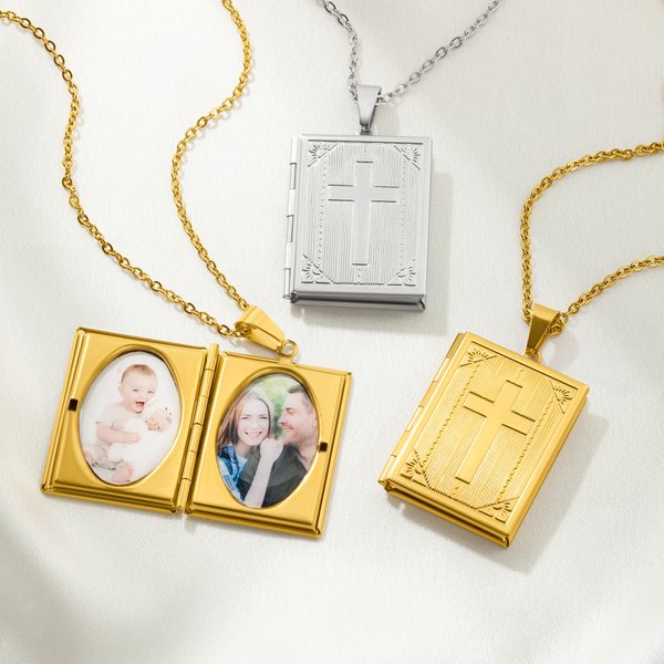 Personalised Cross Book Locket Necklace with Photos Christmas Birthday Anniversary Gift for Christians Women