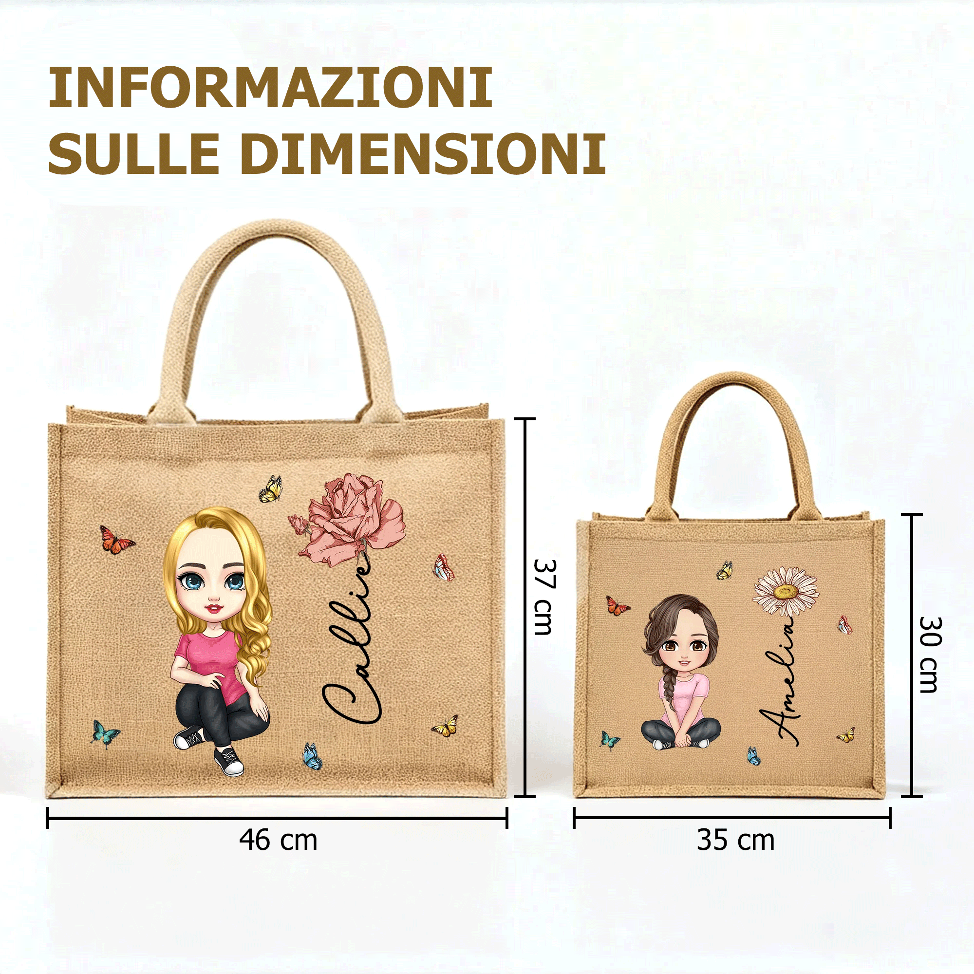 Borsa tote in juta personalizzata con nome fiore di nascita e personaggio in stile cartone animato regalo di compleanno e San Valentino per donne