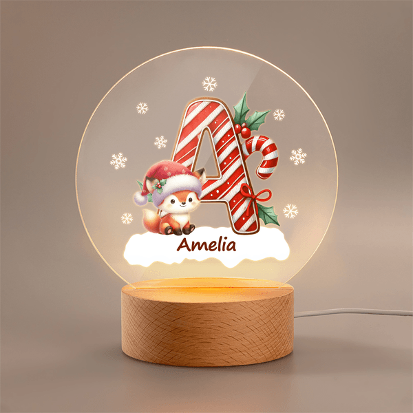Personalised Snowflake Cartoon Animals Acrylic LED Night Light with Name and Initial Wooden Base Room Decor Christmas Gift for Kids