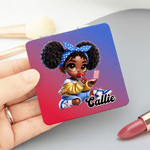 Personalizzato Cartoon Black Girl Double-Sided 1X 2X Specchio per il trucco in pelle PU con nome Regalo di compleanno anniversario per donne ragazze