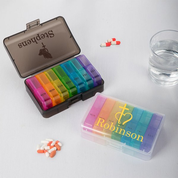 Personalised Cross Dove Heart Praying Hands Portable Weekly Pill Organizer Box with Name Medication Storage Daily Travel Gift for Family Friends