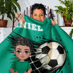 Couverture douce multicolore personnalisée avec personnage cartoon numéro et nom - Cadeau anniversaire pour amateur de football