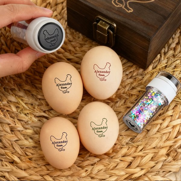 Personalized Colored Ball Glitter Star Hen Silhouette Safe Egg Stamp with Name Food Grade Ink and Box Birthday Gift for Family Farmer Breeder
