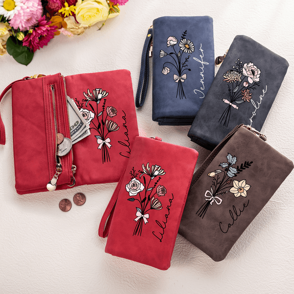 Personalisierte Aquarell Geburt Blume Bouquet PU Leder Brieftasche mit Namen und Armband Weihnachten Geburtstag Geschenk für Frauen Mädchen