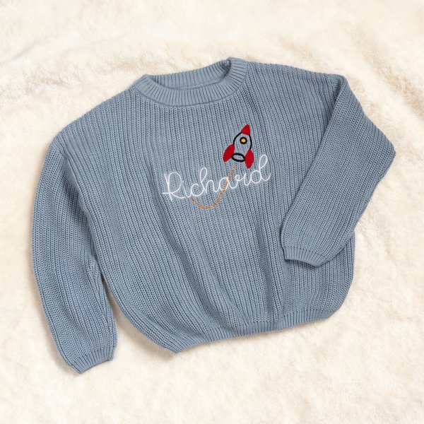 Personalised Rocket Polka Dots Flowers Embroidered Knitted Sweater with Name Birthday Christmas Gift for Toddlers Boys Girls
