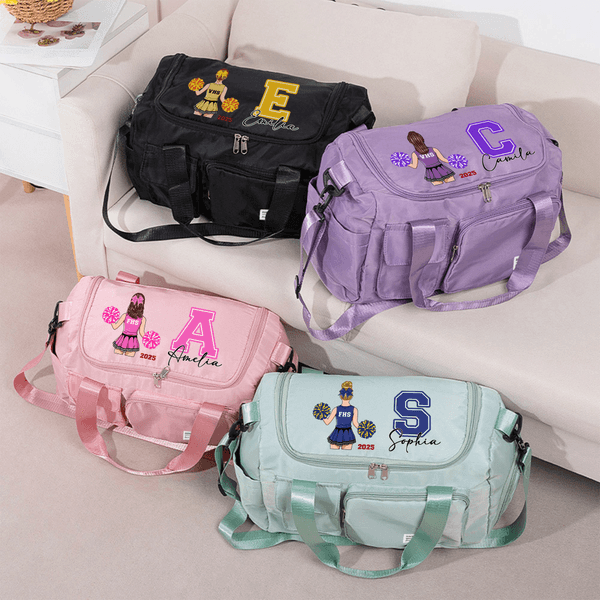Personalised Cartoon Cheerleading Character Multi-Compartment Large Travel Bag with Name and Shoulder Strap Game Day Birthday Gift for Cheerleader