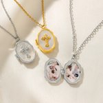 Personalisierte 1-2 Fotos Kreuz Oval Medaillon Halskette Zierlich Schmuck Taufe Weihnachten Geburtstag Geschenk für christliche Frauen