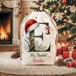 Bolsa de regalo personalizada de lona con cordón campana muérdago gorro de Papá Noel inicial nombre y texto regalo de Navidad para familia y niños