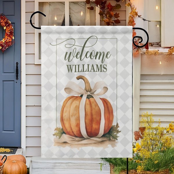 Personalised Vintage Coquette Bow Pumpkin Garden Flag with Initials and Name Garden Decor Birthday Anniversary Gift for Family Gardening Enthusiasts