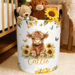 Personalised Cute Sunflower Highland Cow Large Waterproof Storage Laundry Basket with Name and Handle Daily Use Birthday Gift for Kids