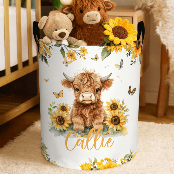 Personalised Cute Sunflower Highland Cow Large Waterproof Storage Laundry Basket with Name and Handle Daily Use Birthday Gift for Kids