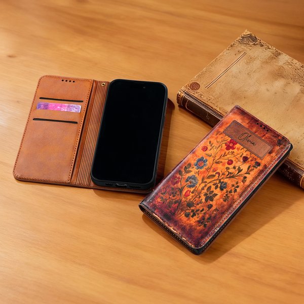 Gepersonaliseerde Retro Floral Spell Book PU lederen Flip Wallet telefoonhoesje voor iPhone Samsung met naam Verjaardagscadeau voor boekenwurmen
