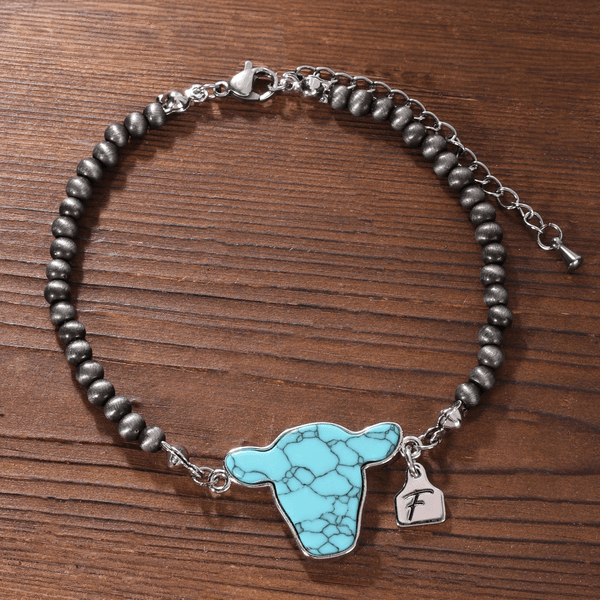 Personalized Multicolor Cow Head Gemstone Beaded Bracelet with Initial Birthday Anniversary Gift for Cowboy Cowgirl