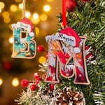 Personalized Santa Hat Initial Layered Wooden Christmas Tree Ornament with Name Block Tree Decor Christmas Gift for Family