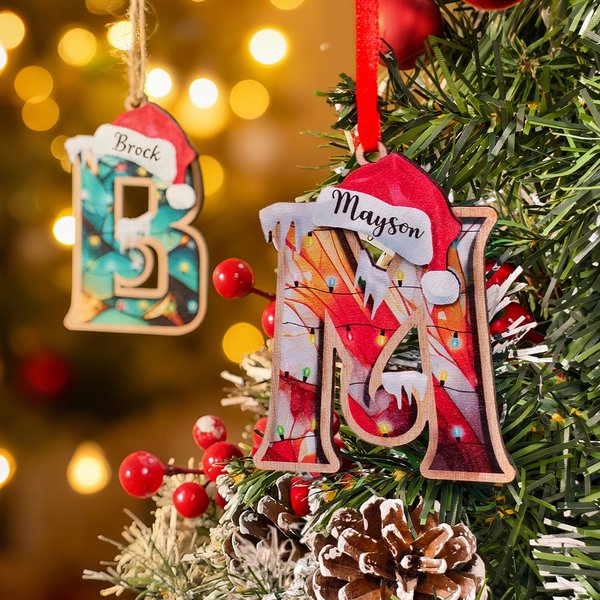 Personalized Santa Hat Initial Layered Wooden Christmas Tree Ornament with Name Block Tree Decor Christmas Gift for Family