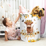 Spersonalizowany duży wodoodporny kosz na pranie Cute Sunflower Highland Cow z imieniem i uchwytem do codziennego użytku Prezent urodzinowy dla dzieci