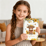 Personalised Cute Sunflower Highland Cow A5 Spiral Notebook with Name and 120 Lined Pages Daily Use Birthday Gift for Family Kids
