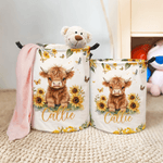 Spersonalizowany duży wodoodporny kosz na pranie Cute Sunflower Highland Cow z imieniem i uchwytem do codziennego użytku Prezent urodzinowy dla dzieci