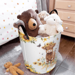 Spersonalizowany duży wodoodporny kosz na pranie Cute Sunflower Highland Cow z imieniem i uchwytem do codziennego użytku Prezent urodzinowy dla dzieci