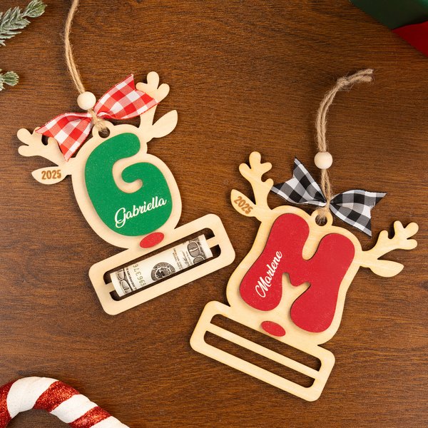 Personalized Reindeer Wooden Money Holder Ornament with Initial Name and Year Home Decor Christmas Gift for Kid Family