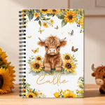 Personalized Cute Sunflower Highland Cow A5 Spiral Notebook with Name and 120 Lined Pages Daily Use Birthday Gift for Family Kids