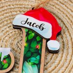 Personalized Santa Hat Initial Layered Wooden Christmas Tree Ornament with Name Block Tree Decor Christmas Gift for Family