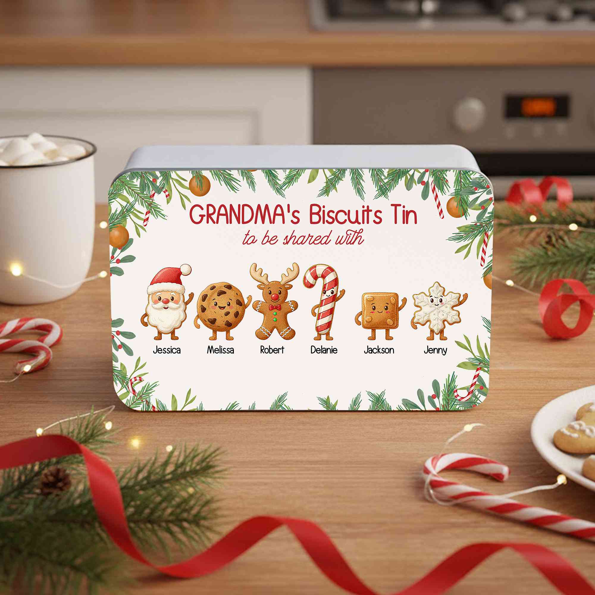 Custom Christmas Theme Cartoon Cookie Tin Box with Name, Reusable Biscuit Storage Box, Holiday Party Favor, Christmas/Birthday Gift for Family/Kids